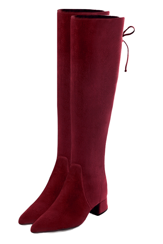 Burgundy red women's knee-high boots, with laces at the back. Tapered toe. Low flare heels. Made to measure. Front view - Florence KOOIJMAN